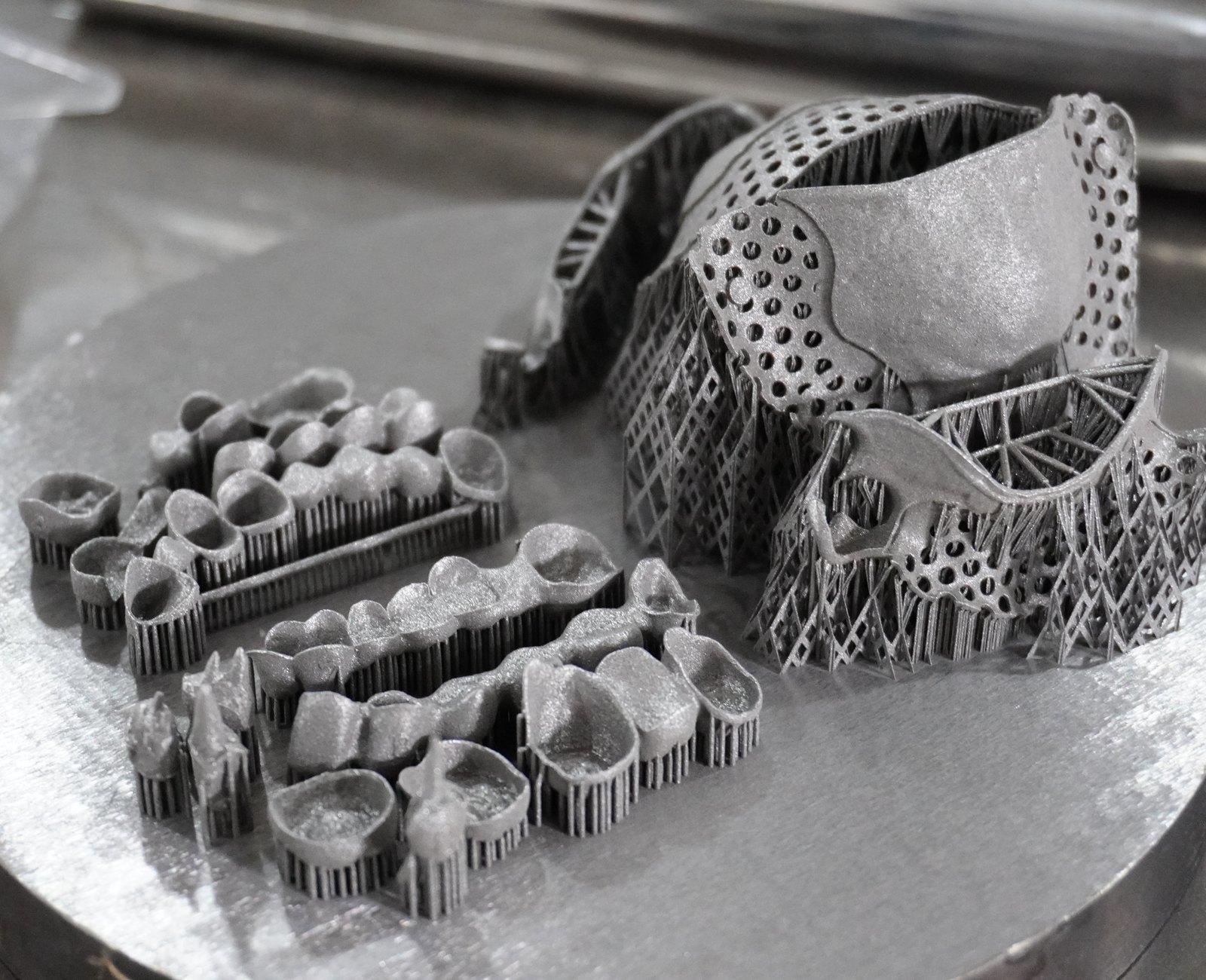 Partial frameworks and bridges on a build plate after the run